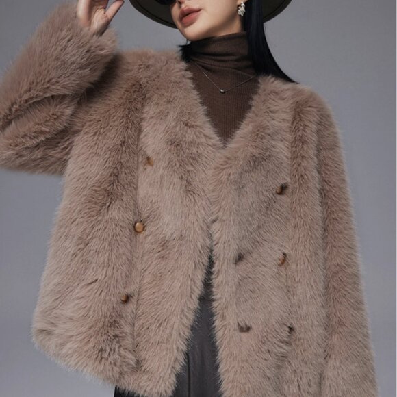 Taupe Faux Fur Double Breasted Crop Coat - Picture 4 of 7
